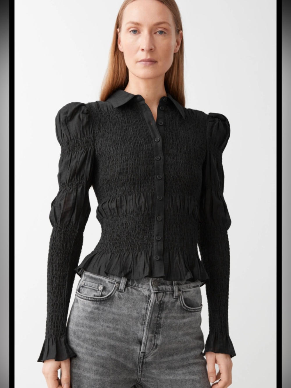 & Other Stories Black Fitted Smocked Button-Down Shirt